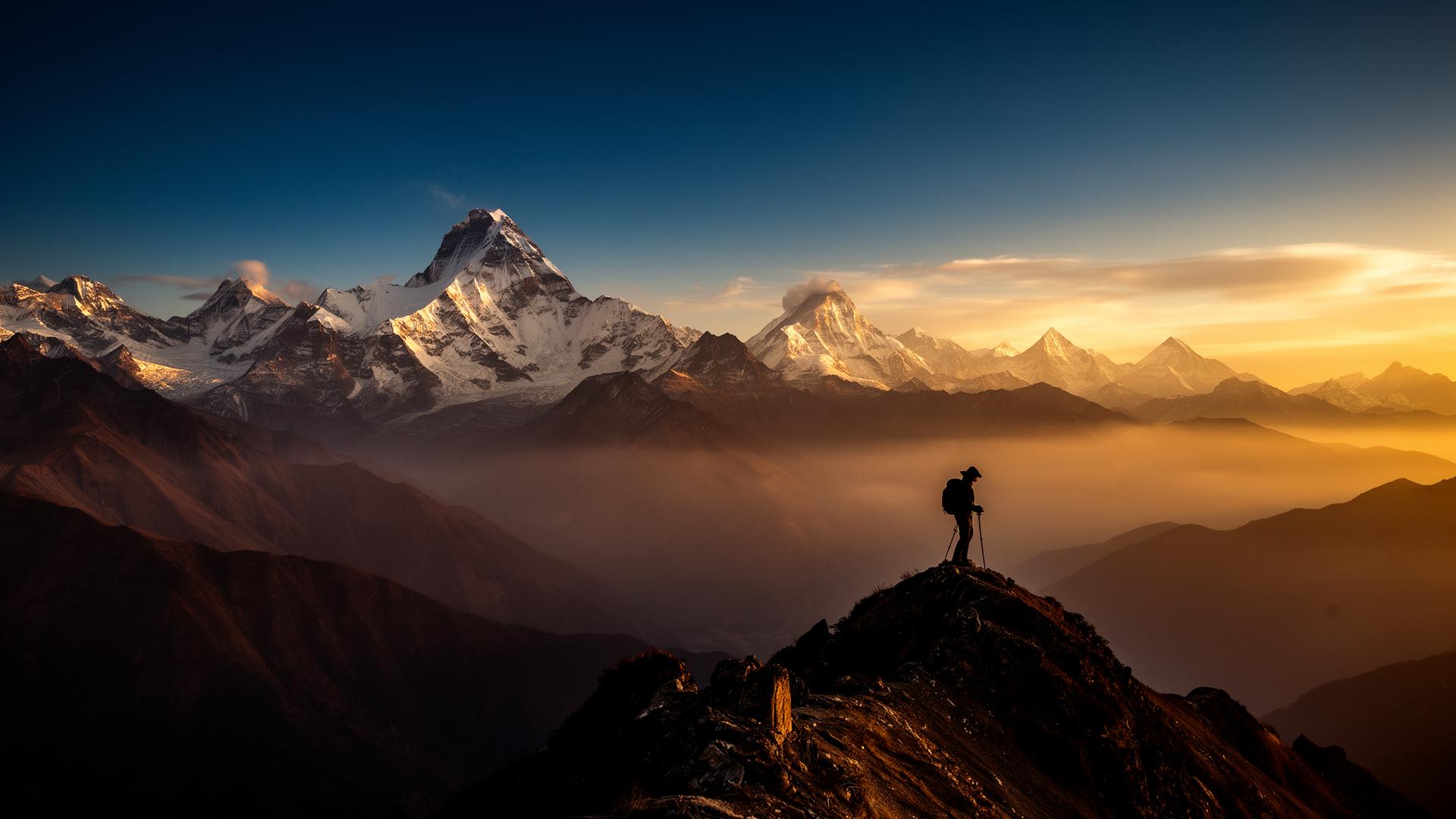 Trekker on a Himalayan ridge at sunrise